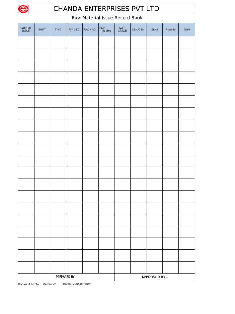 F-STR-16 Raw Material Issue Record | PDF