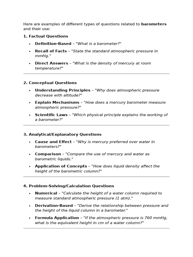 Barometer Questions and Liquid Choices | PDF