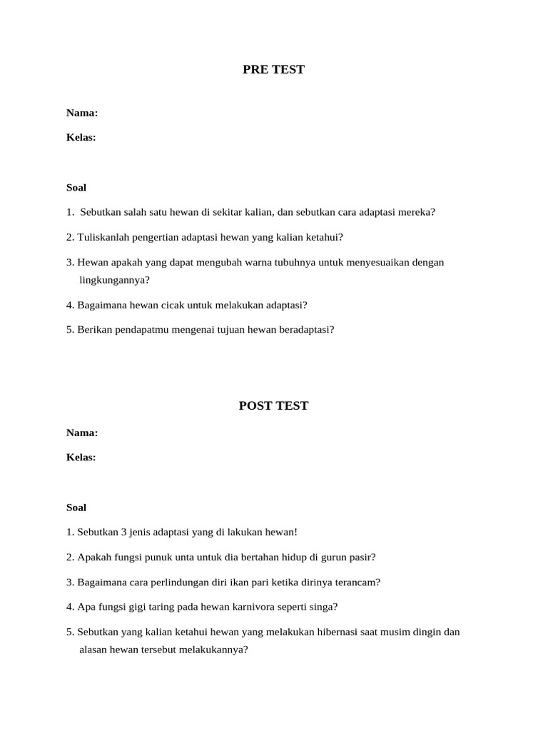 Soal Pre Test Dan Post Test Kelas 6 | PDF