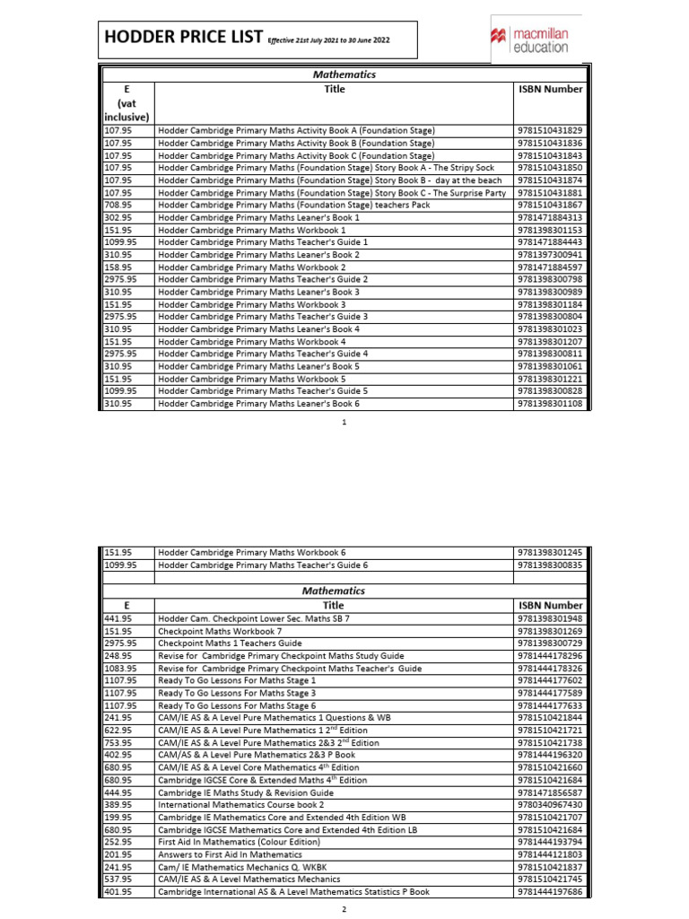 Hodder Price List 2021- 2022 | PDF | Mathematics