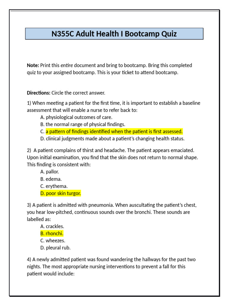 N355C Adult Health Bootcamp Quiz | PDF | Nursing | Patient