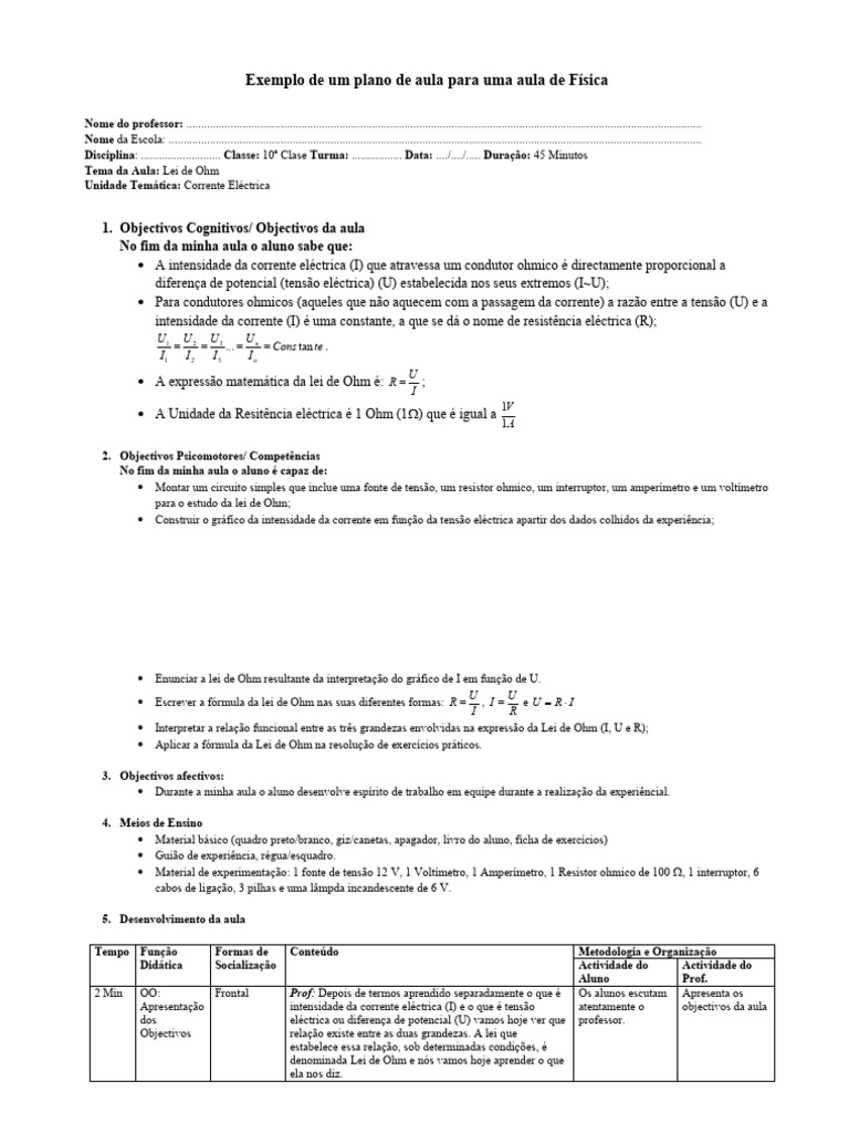 Exemplo de Um Plano de Aula para Uma Aula de Física | PDF | Rede ...