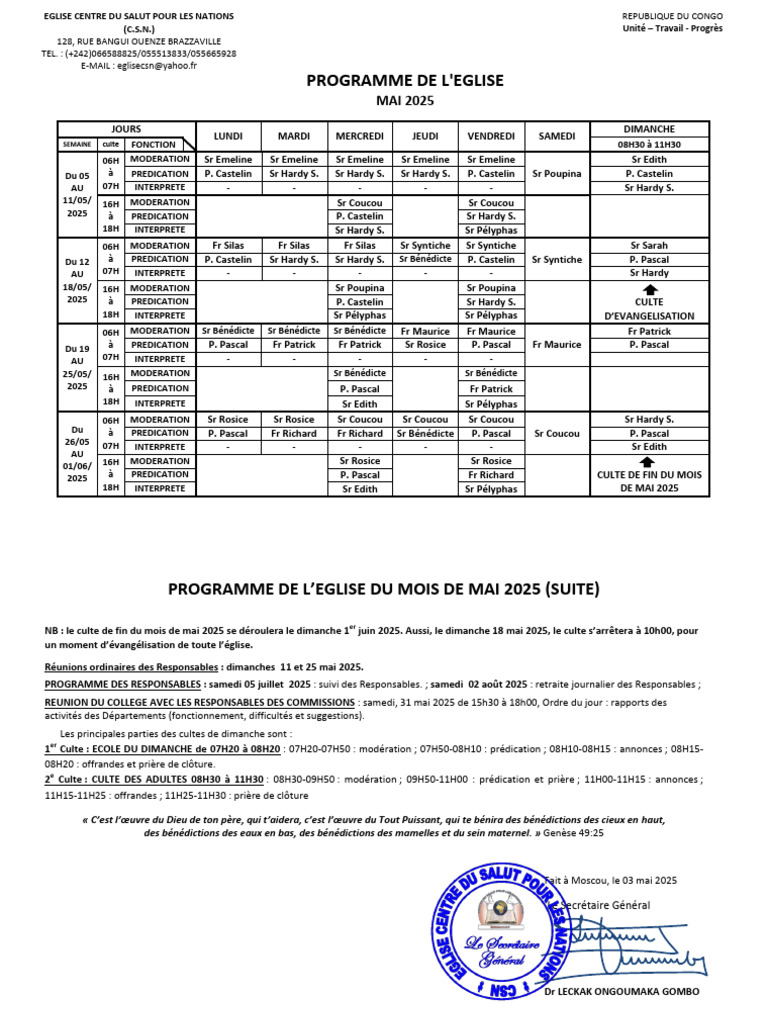 PROGRAMME DE L'EGLISE 05.2025 | PDF