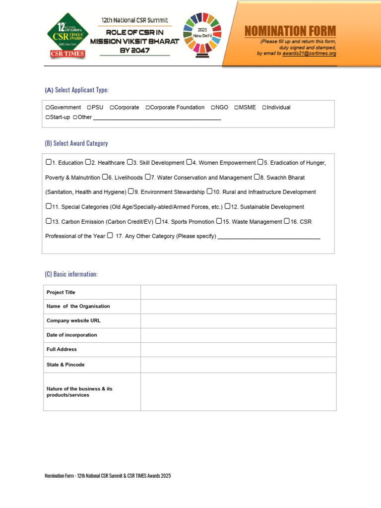 CSR TIMES Awards 2025 Nomination Form | PDF | Economy And The ...