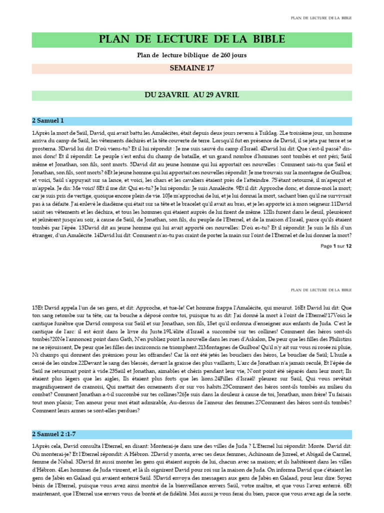 Plan de lecture de la Bible en 260 jours | PDF | David | Saül