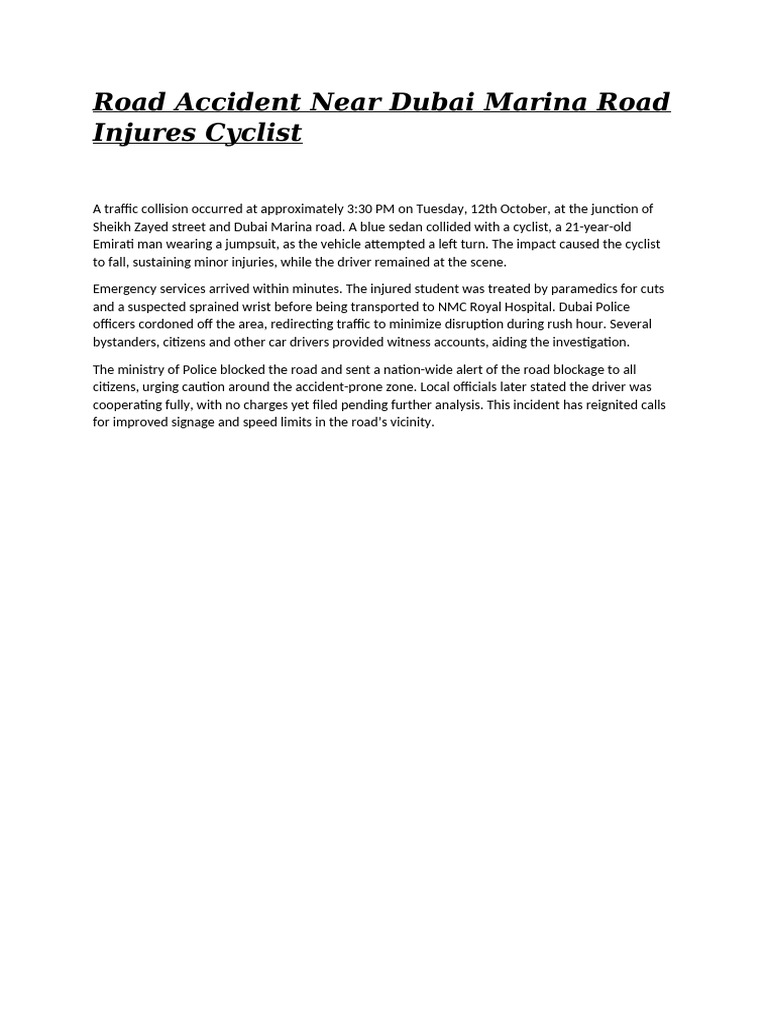 Report Writing - Road Accident Near Dubai Marina Road Injures Cyclist | PDF