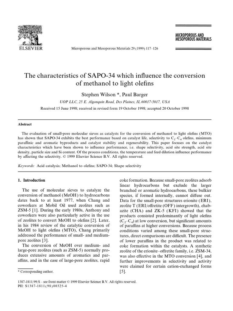 SAPO-34 Catalyst for Methanol Conversion | PDF | Zeolite | Methanol