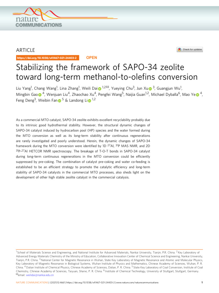 Stabilizing The Framework of SAPO-34 Zeolite | PDF | Nuclear Magnetic ...