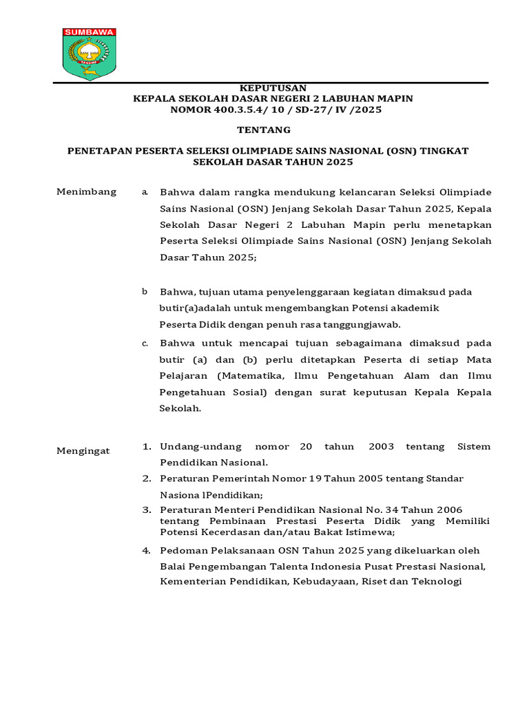 Peserta OSN SD 2025 Labuhan Mapin | PDF