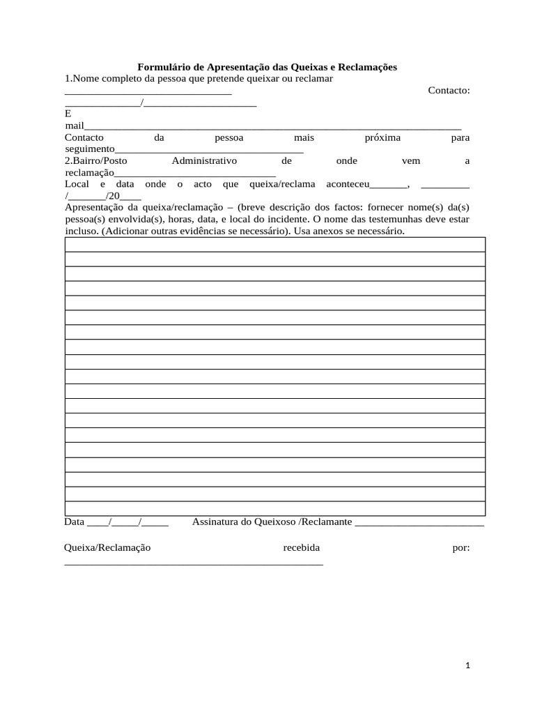 Formulário de Queixas e Reclamações | PDF