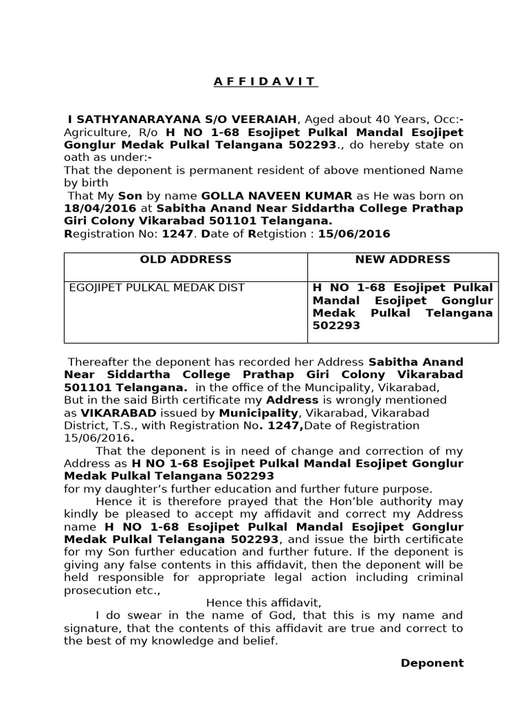 Affidavit for Address Correction | PDF