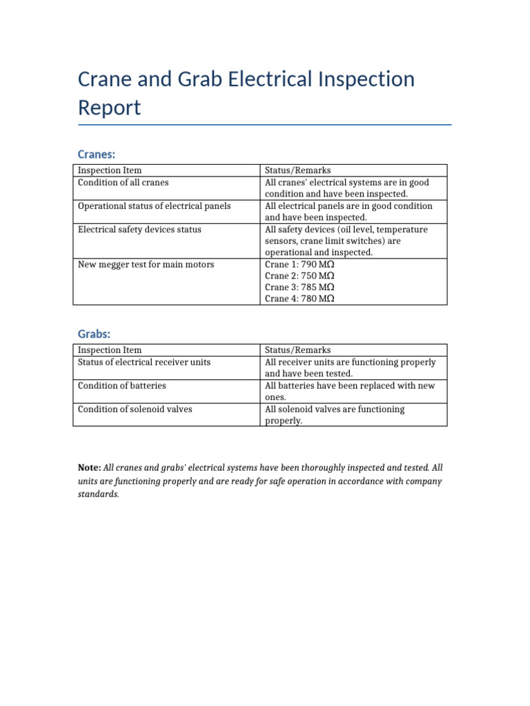 Crane and Grab Electrical Inspection Report | PDF