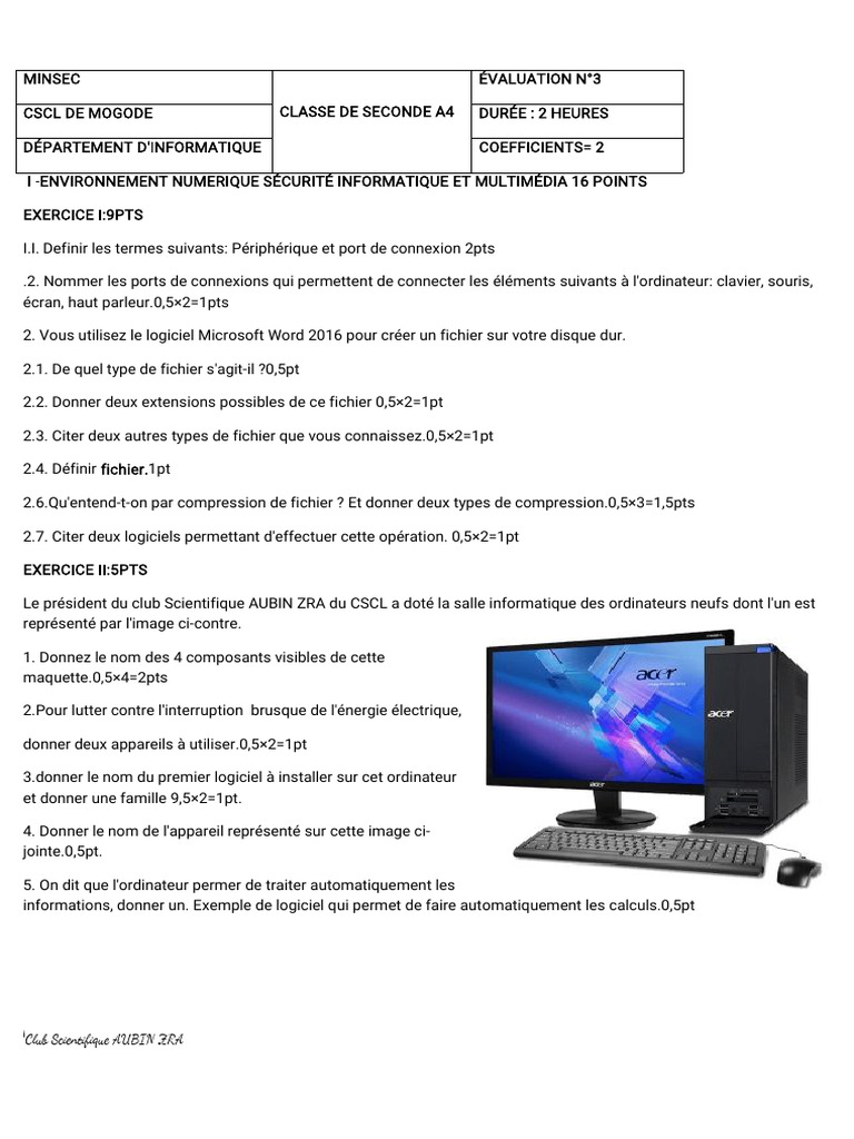 Évaluation Informatique A4 MINSEC | PDF | Informatique | Fichier ...