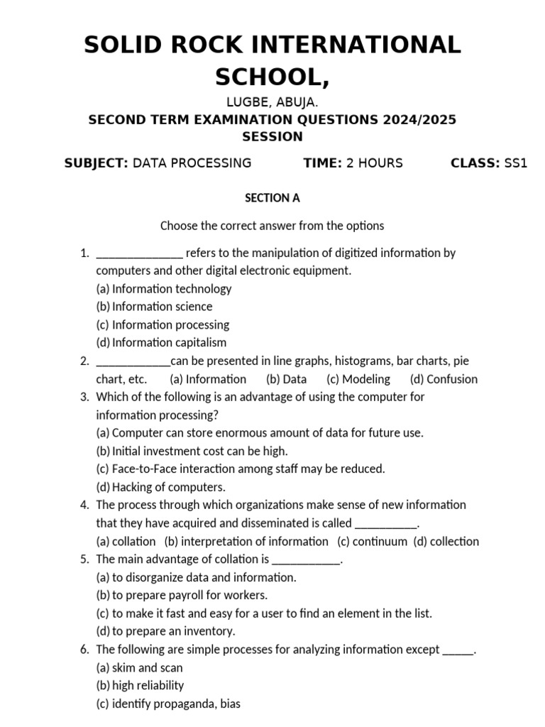 SS1 Data Processing Exam Questions | PDF | Spreadsheet | Microsoft Excel
