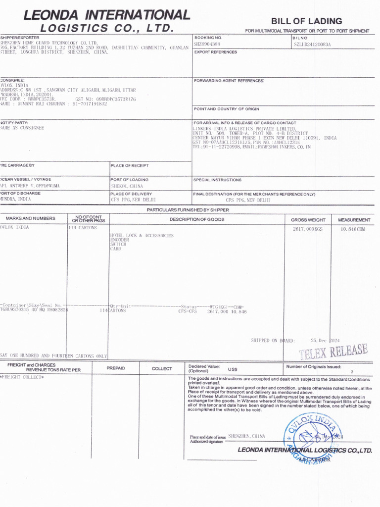 BILL OF LADING TELEX(1) | PDF