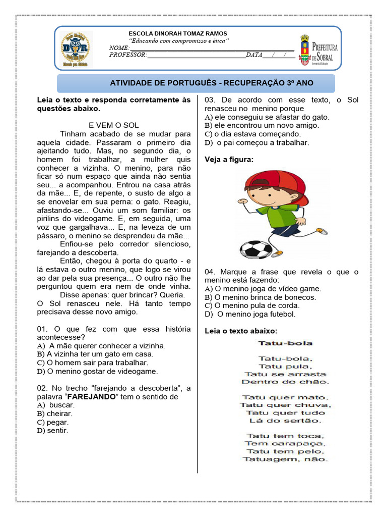 Atividade de Recuperação: Português 3º Ano | PDF