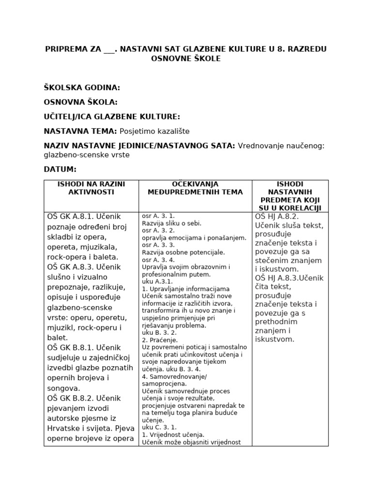 Priprema Za - Nastavni Sat Glazbene Kulture U 8. Razredu Osnovne Škole ...
