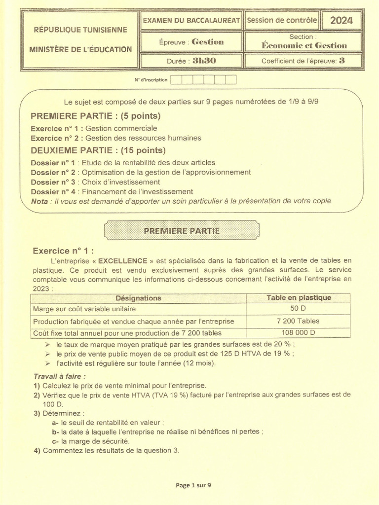 Bac Eco Gest 2024 Gestion Session Controle | PDF