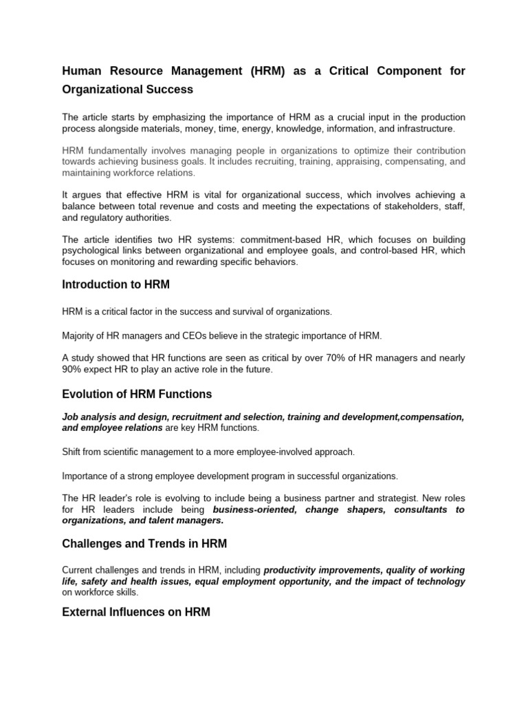 Human Resource Management (HRM) As A Critical Component For ...