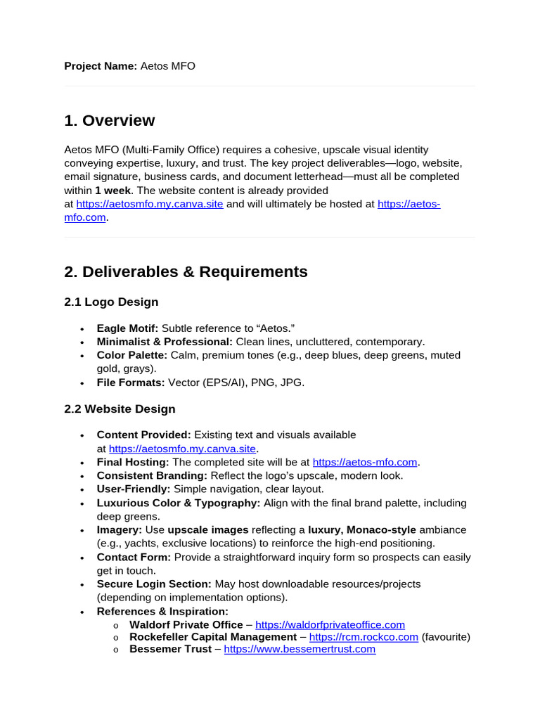 Design Brief - Aetos MFO | PDF | Mergers And Acquisitions | Project ...