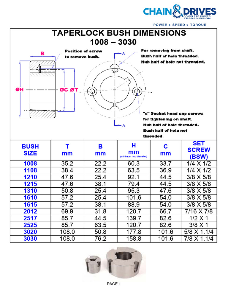 Taper Lock Bush Size Dimensions Guide | PDF | Screw | Machining