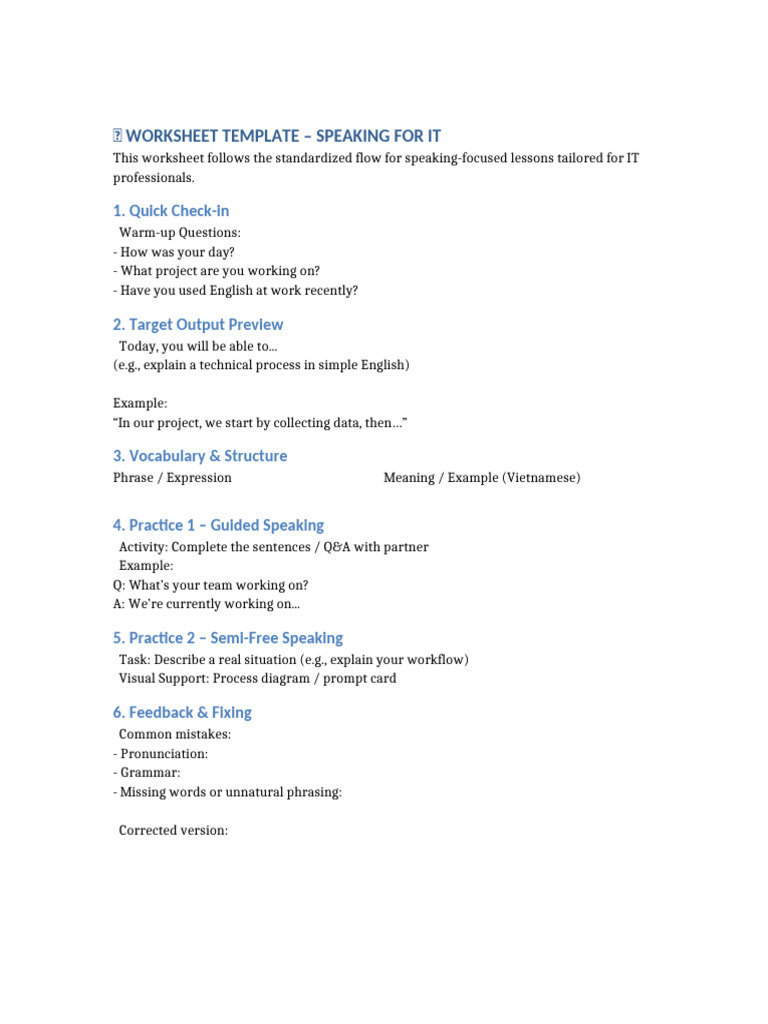 IT Speaking Skills Worksheet Template | PDF