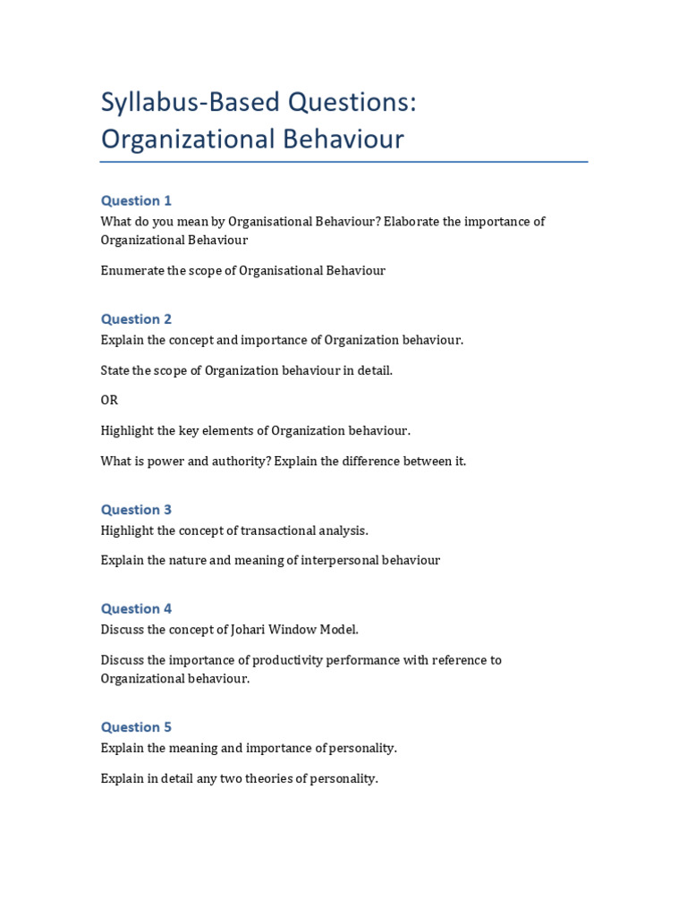 Organizational Behaviour Syllabus Questions | PDF
