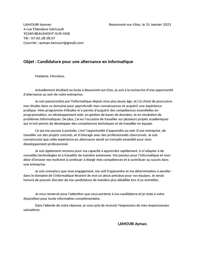Candidature Alternance Informatique Ayman PDF — free download