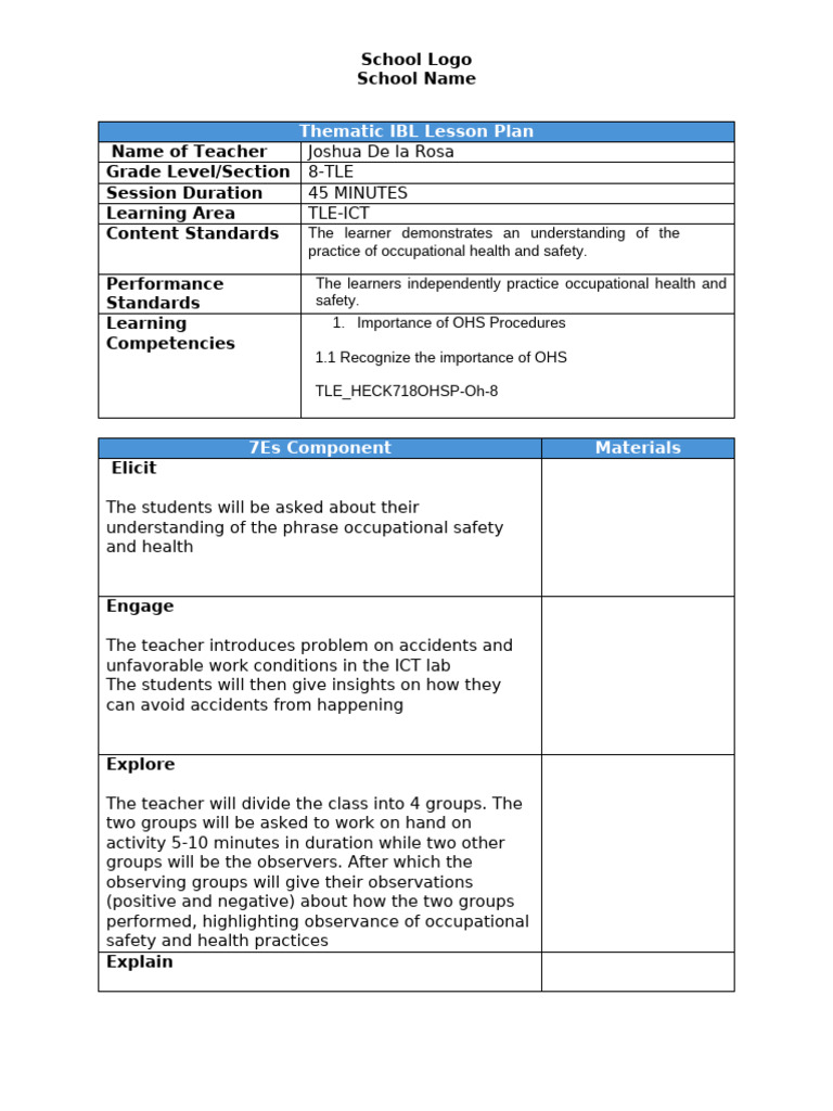 8th Grade ICT Occupational Safety Plan | PDF