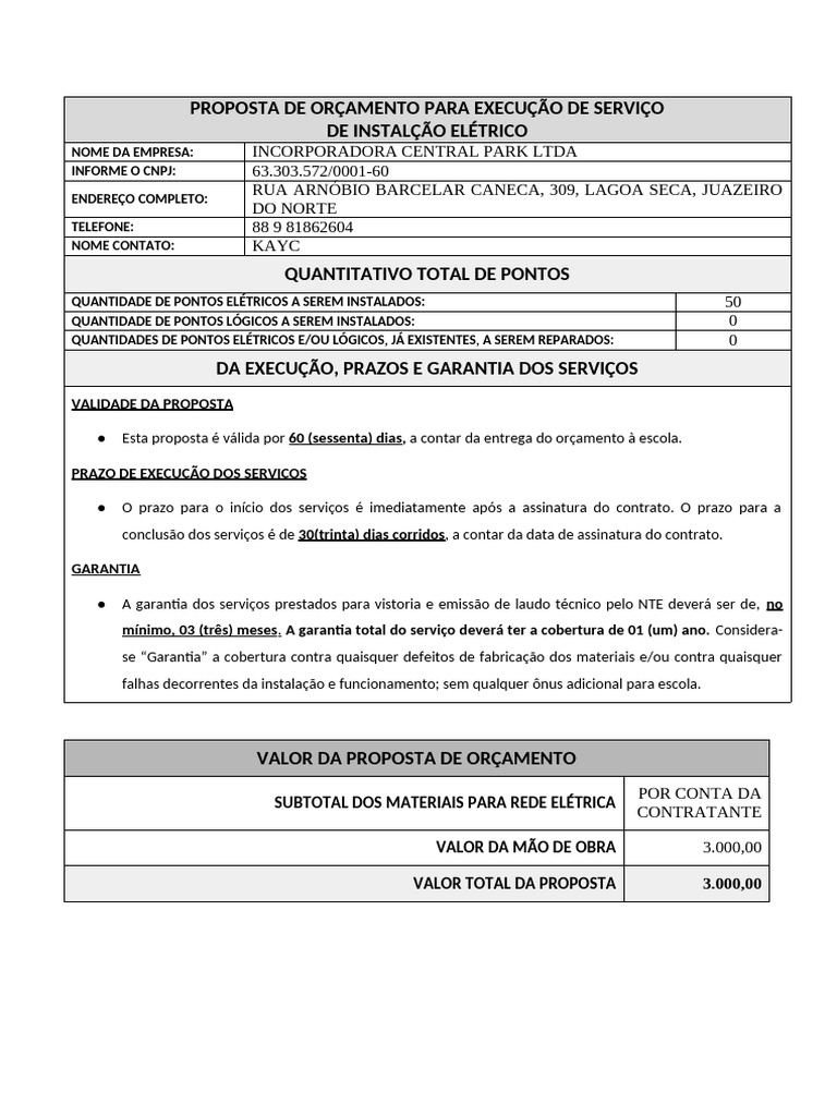 Orçamento para Instalação Elétrica | PDF
