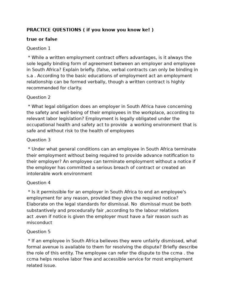 South African Labour Law Practice Questions | PDF | Employment | Labour Law