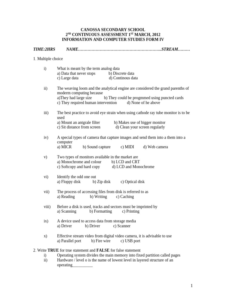 Canossa School Computer Studies Assessment | PDF | Operating System ...