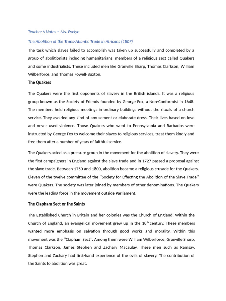 Teacher Notes - Ms Evelyn The Abolition of The British Slavre Trade ...