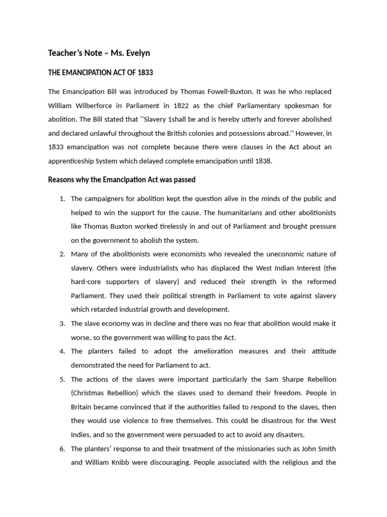 Teacher's Note - Emancipation Act | PDF | Abolitionism | Slavery