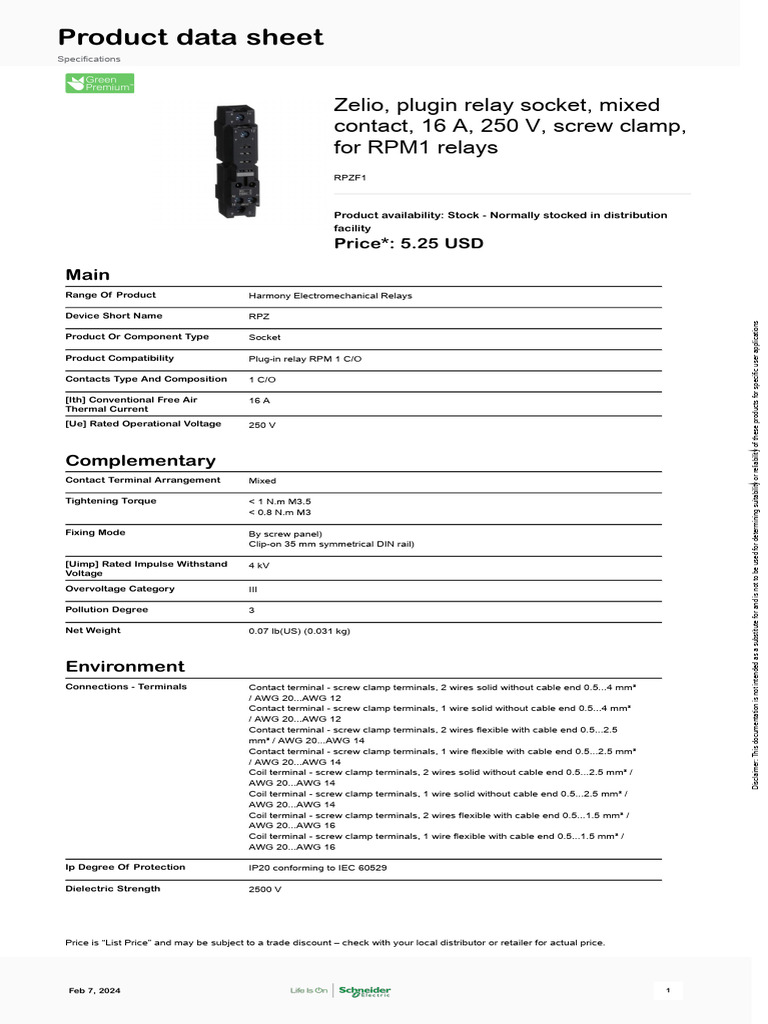 Zelio RPZF1 Relay Socket Specifications | PDF | Relay | Electrical ...