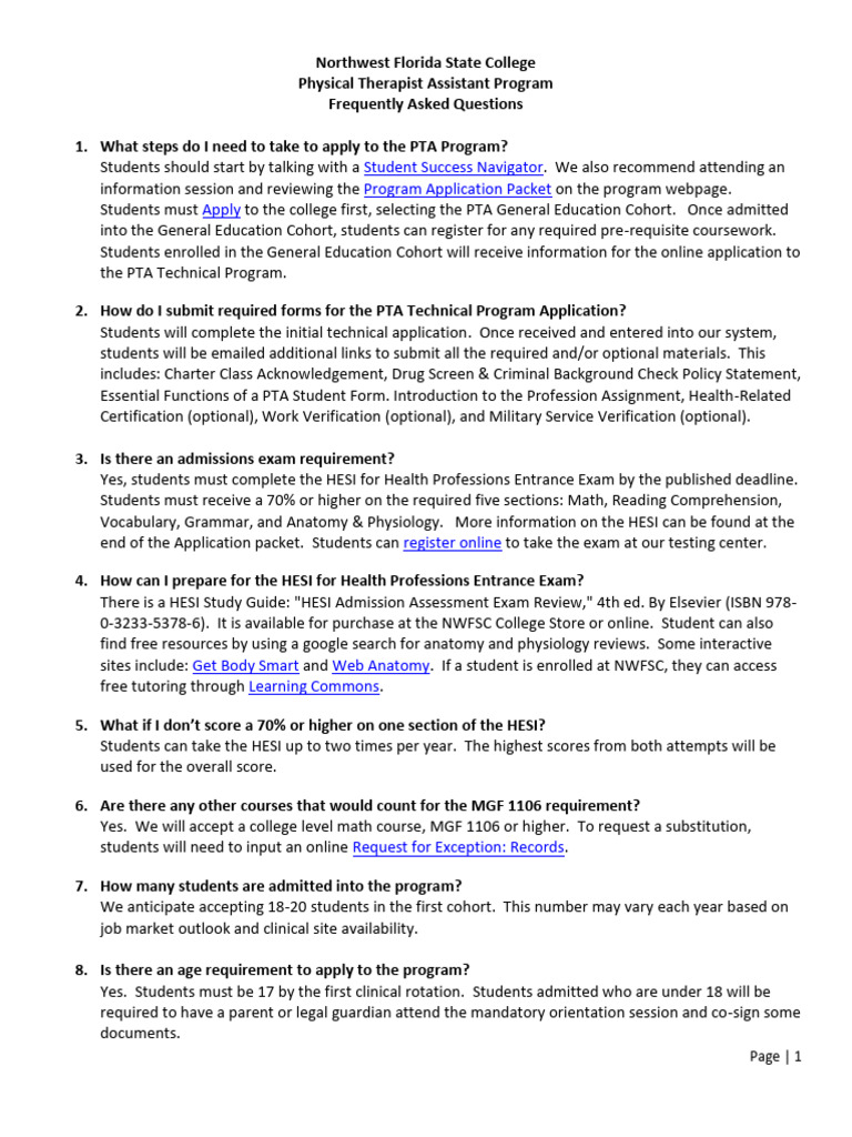PTA Program FAQs at NWF State College | PDF