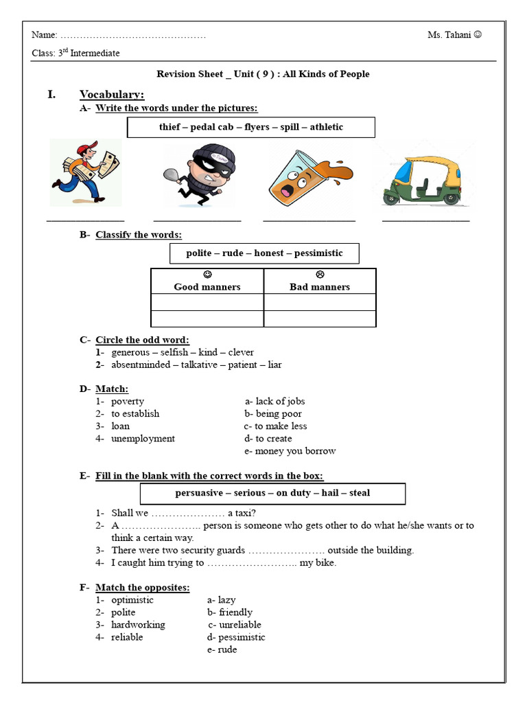3rd Intermediate Revision: Unit 9 Vocabulary | PDF