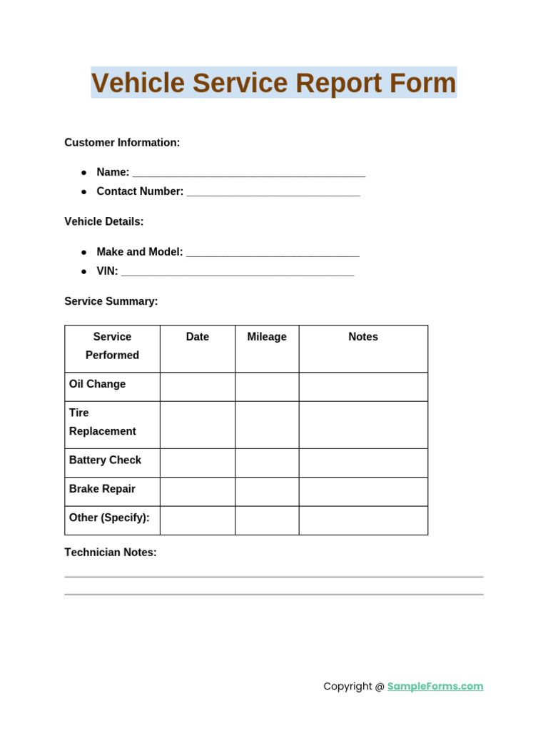 Vehicle Service Report Template | PDF