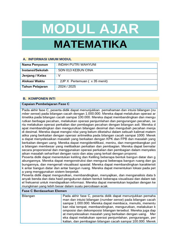 Modul Ajar Matematika Kelas V SD | PDF