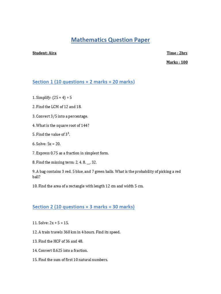 Aira Mathematics Question Paper | PDF | Area | Mathematical Concepts