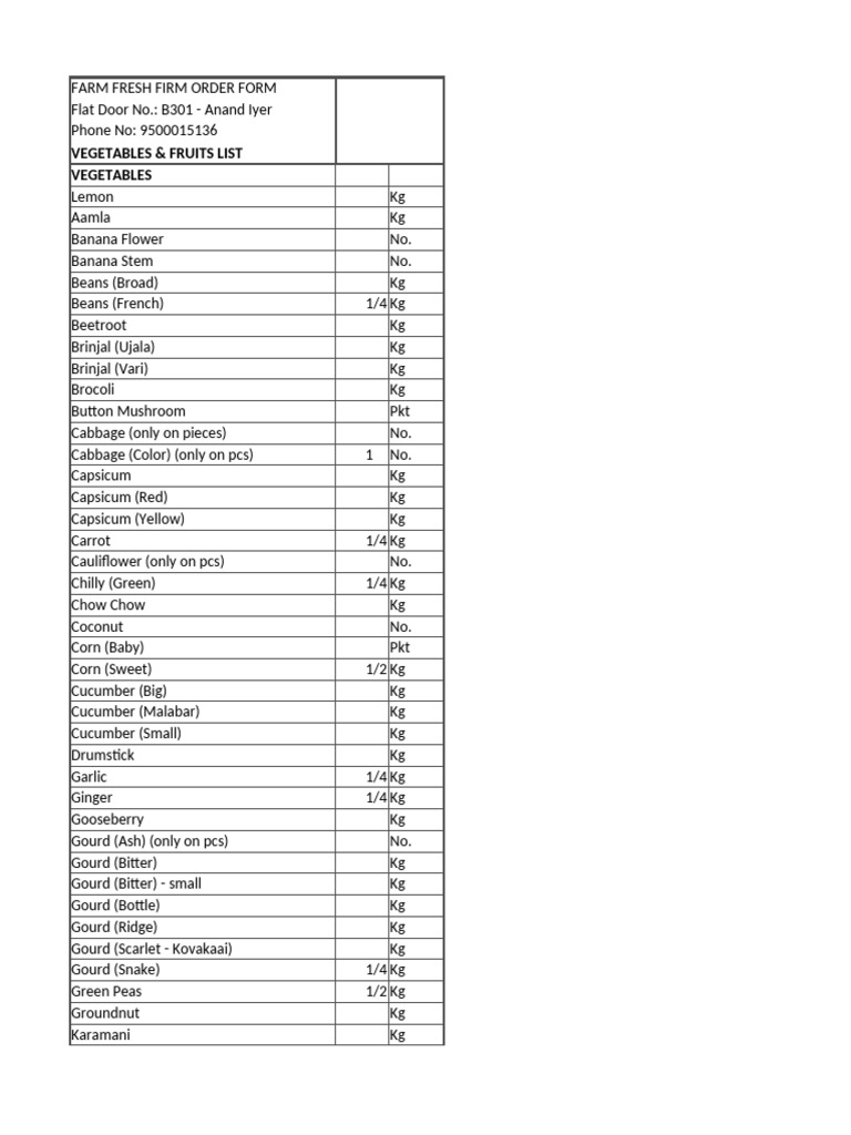 Farm Fresh Order Form: Veggies & Fruits | PDF | Vegetables | Eggplant