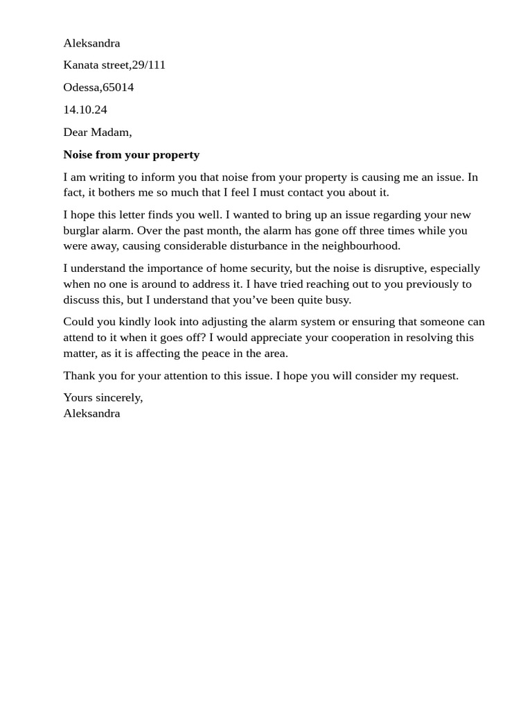 A Complaint Letter Addressing The Situation With Your Neighbors ...