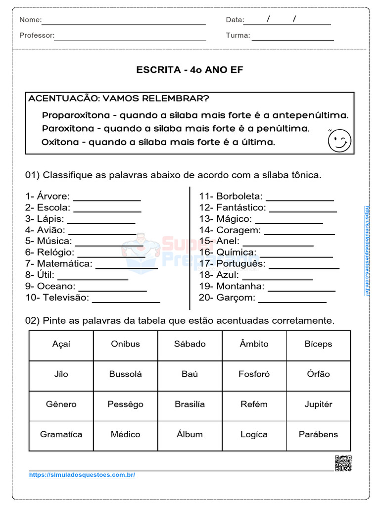 Atividades de Escrita - 4º Ano EF | PDF | Sílaba | Famílias linguísticas