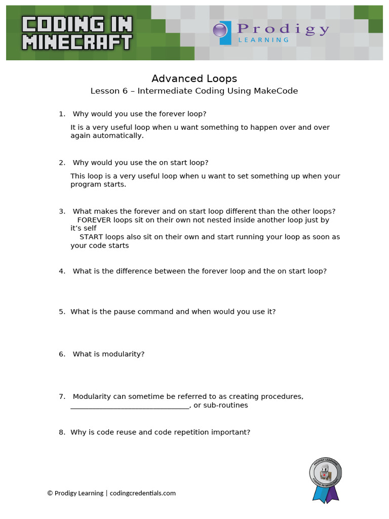 Minecraft Intermediate L6 Worksheet | PDF