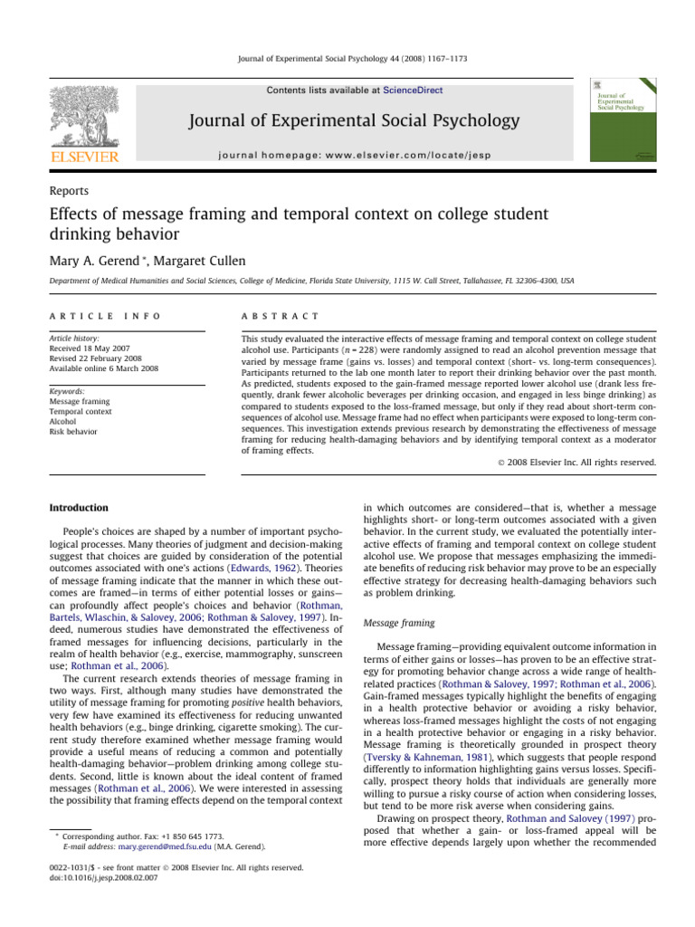 Doi 10.1016 J.jesp.2008.02.007 | PDF | Framing (Social Sciences) | Risk