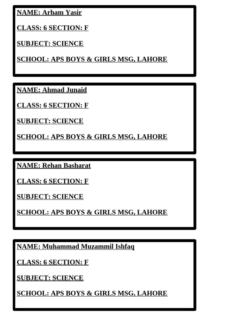 Section F Student Names - APS Lahore | PDF