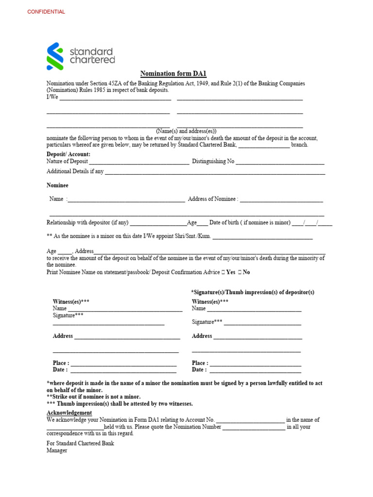 DA1 Nomination Form for Bank Deposits | PDF | Banking | Justice