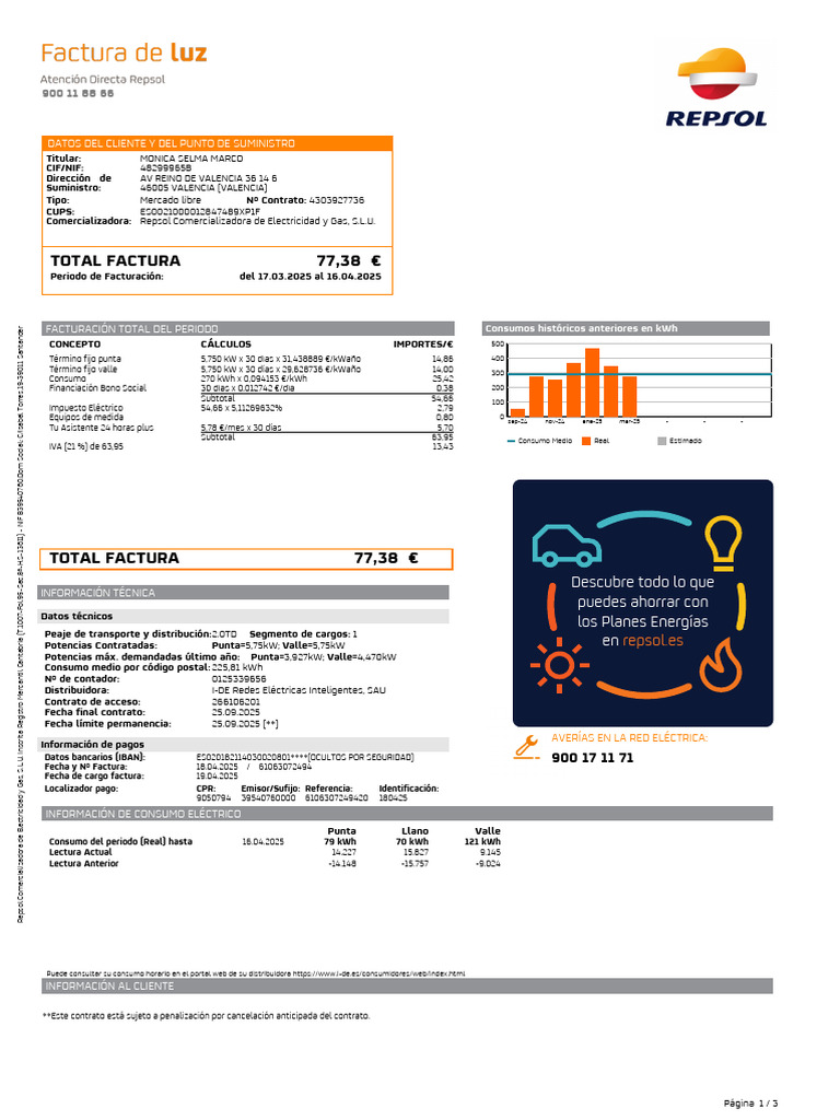 Factura de Electricidad Repsol 2025 | PDF | Energia electrica ...