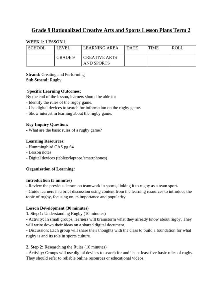 Grade 9 Rugby Lesson Plans Term 2 | PDF | Learning | Teachers