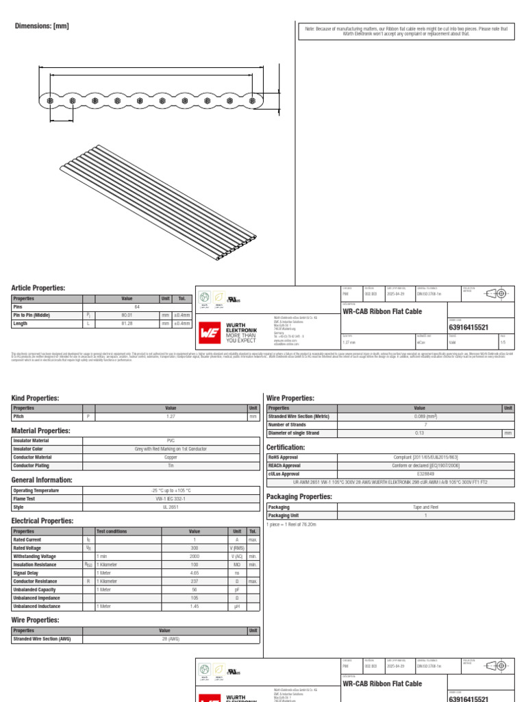 WR-CAB 1.27mm Ribbon Flat Cable Specs | PDF | Reliability Engineering ...